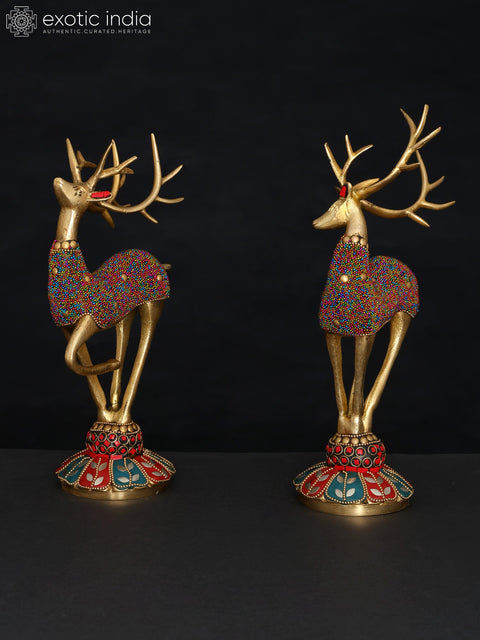 11" Brass Pair of Reindeers with Inlay Work | Table Decor