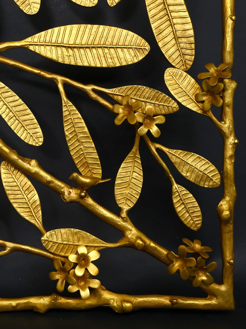 60" Large Rectangular Shaped Brass Tree Branch Wall Art with Birds | Home Decor
