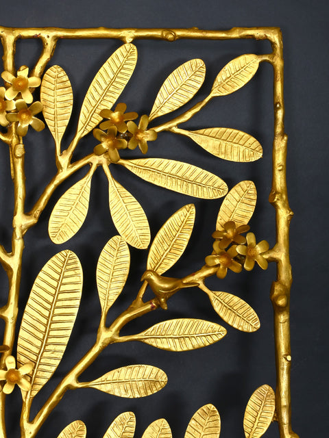 60" Large Rectangular Shaped Brass Tree Branch Wall Art with Birds | Home Decor