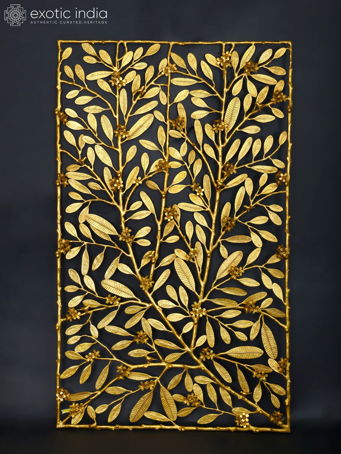 60" Large Rectangular Shaped Brass Tree Branch Wall Art with Birds | Home Decor