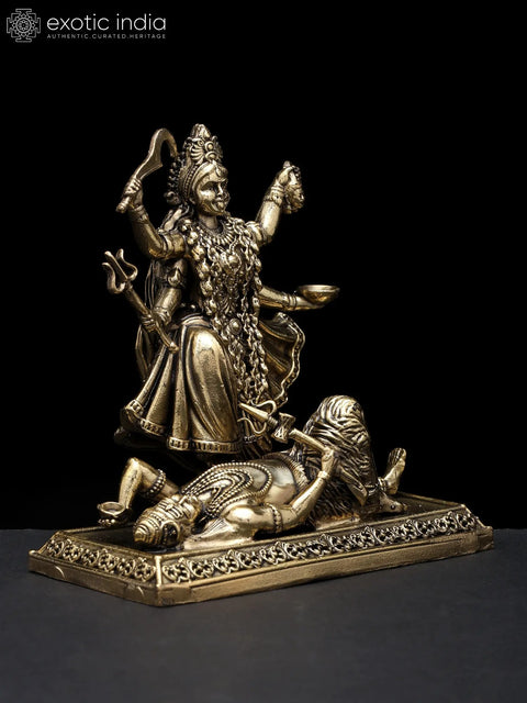 4" Small Superfine Goddess Kali Standing on Lord Shiva | Brass Statue