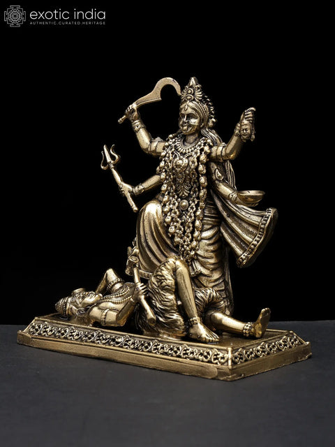 4" Small Superfine Goddess Kali Standing on Lord Shiva | Brass Statue