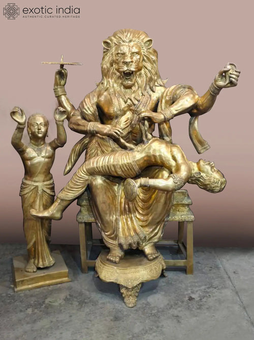 80" Large Brass Statue of Lord Narasimha Killing Hiranyakashipu
