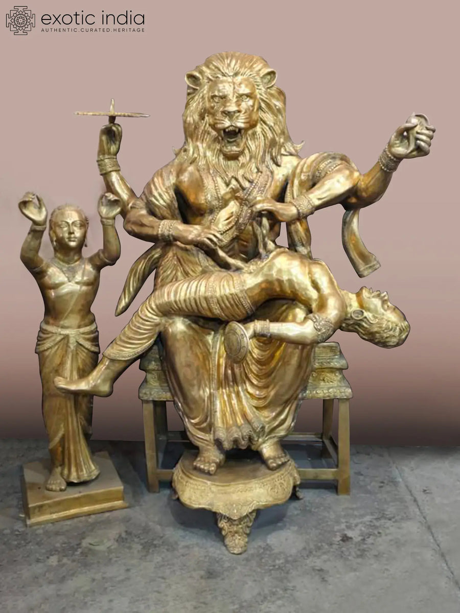 80" Large Brass Statue of Lord Narasimha Killing Hiranyakashipu