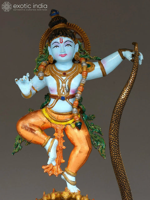 26" Colored Lord Krishna Dancing on Kaliya Naag | Brass Statue