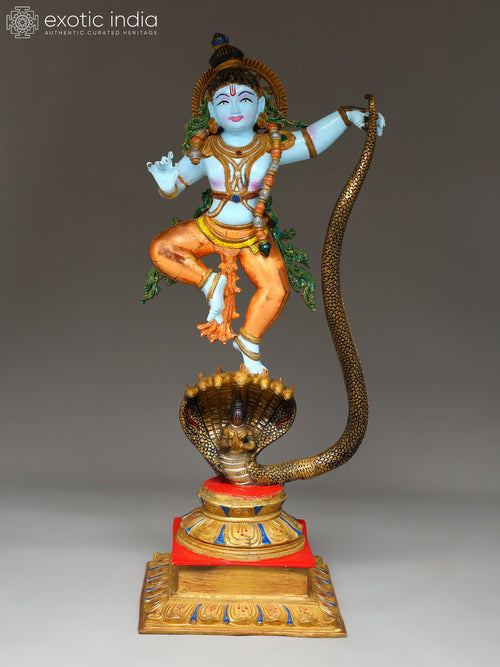 26" Colored Lord Krishna Dancing on Kaliya Naag Brass Statue
