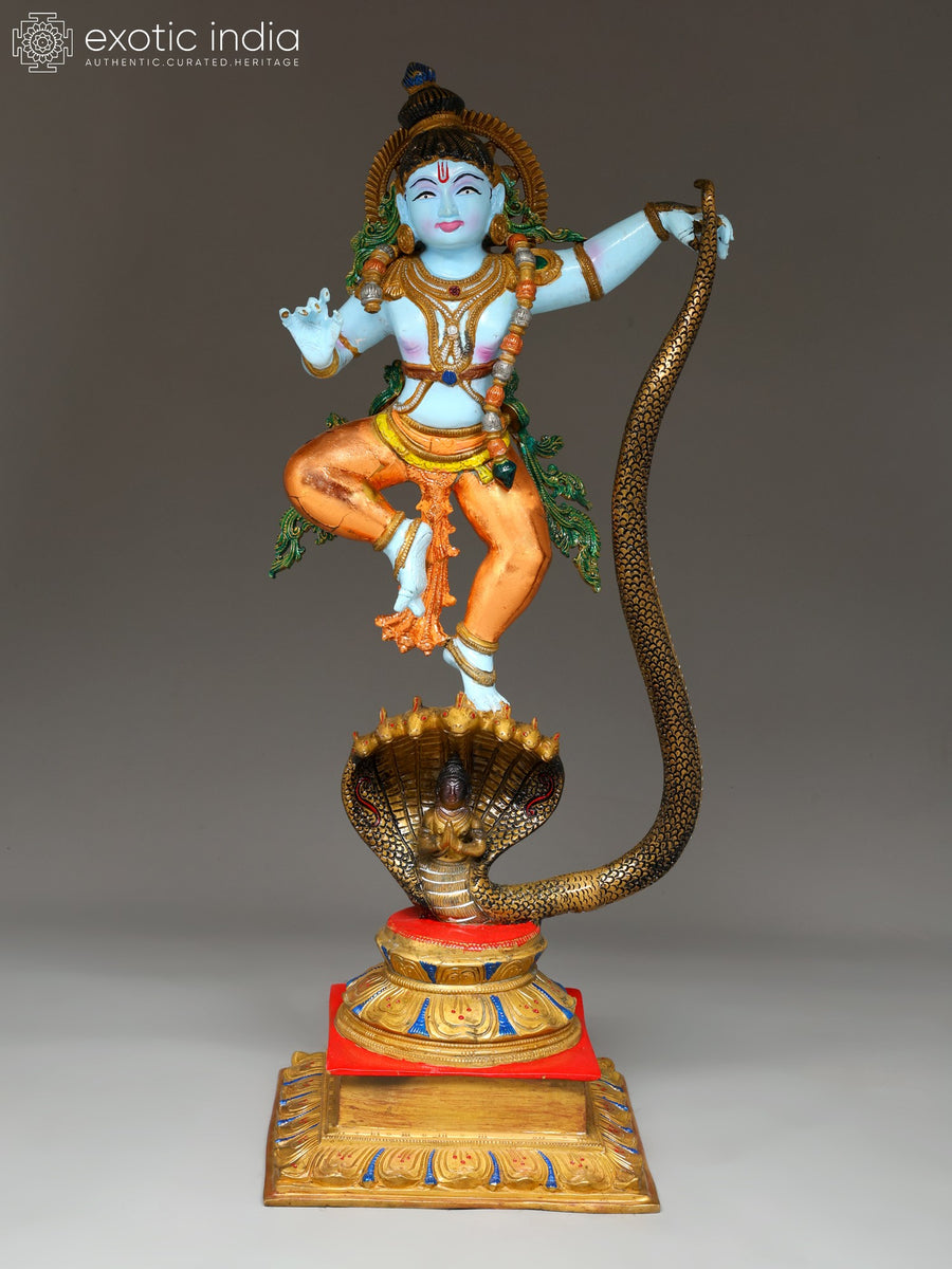 26" Colored Lord Krishna Dancing on Kaliya Naag Brass Statue