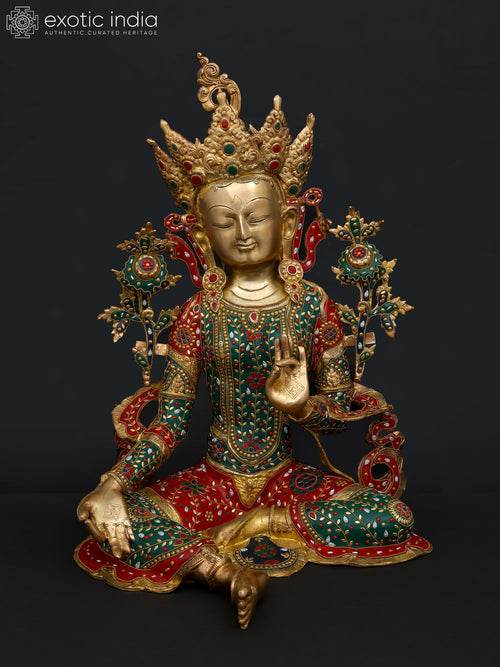 28" Green Tara Goddess Brass Statue with Inlay Work