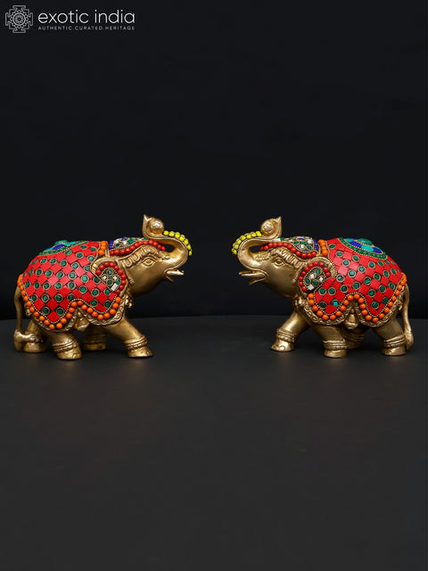 7" Pair of Elephants | Brass Statues with Inlay Work