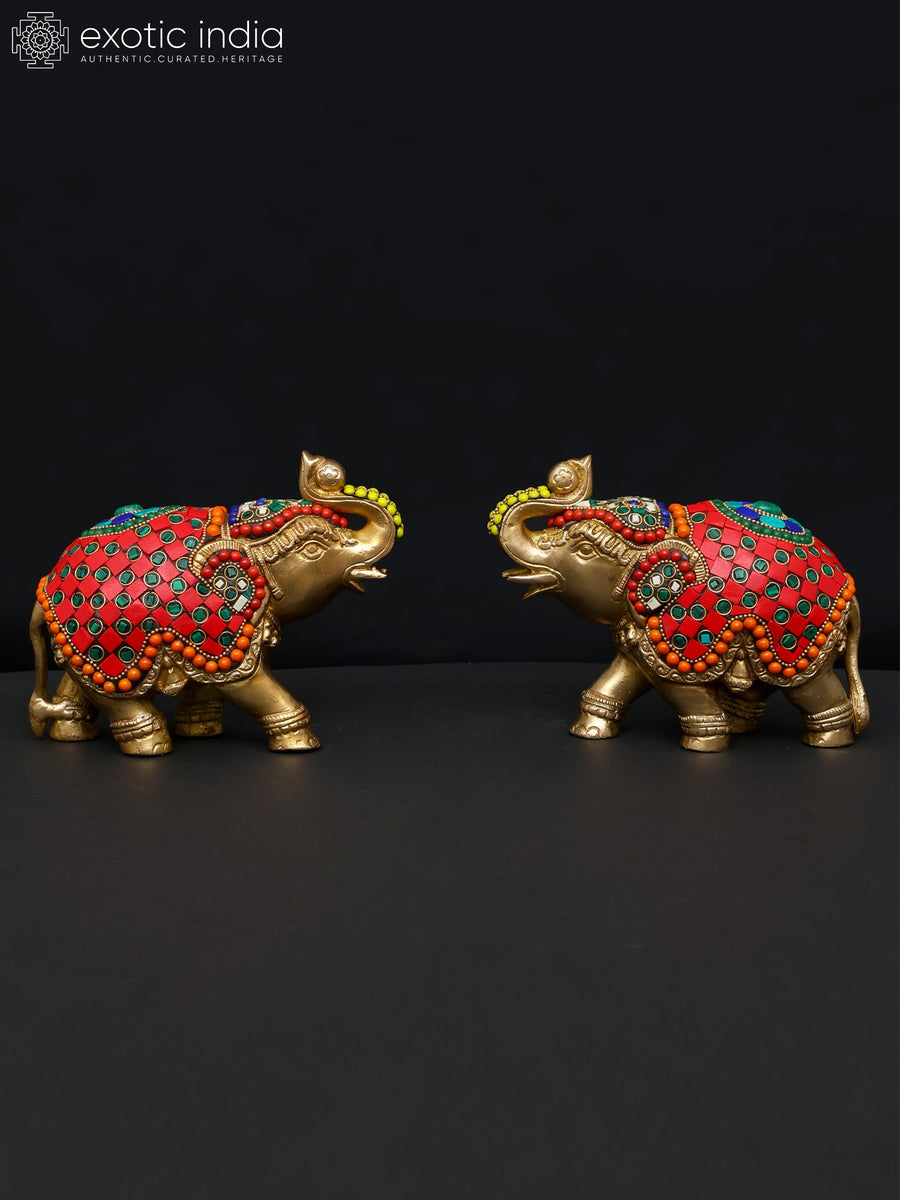 7" Brass Elephant Pair Statue with Inlay Work