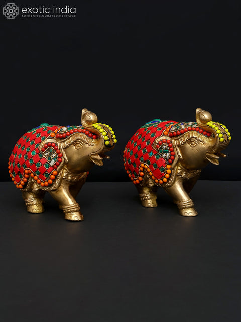 7" Pair of Elephants | Brass Statues with Inlay Work