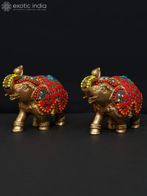 7" Pair of Elephants | Brass Statues with Inlay Work