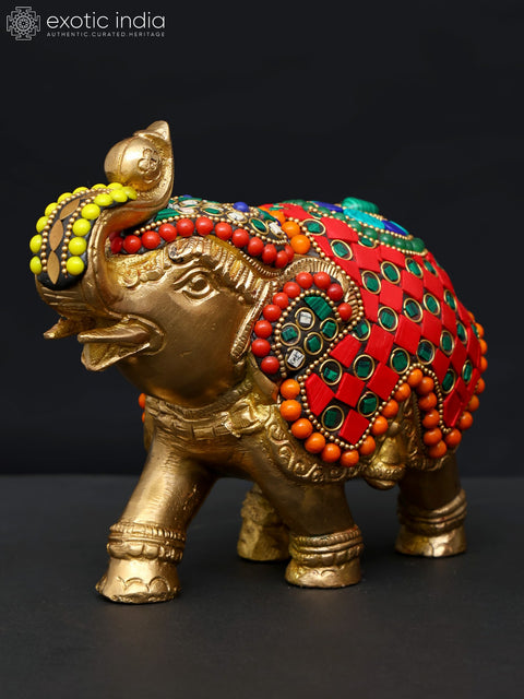 7" Pair of Elephants | Brass Statues with Inlay Work