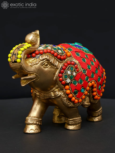 7" Pair of Elephants | Brass Statues with Inlay Work