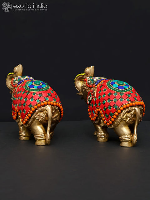 7" Pair of Elephants | Brass Statues with Inlay Work