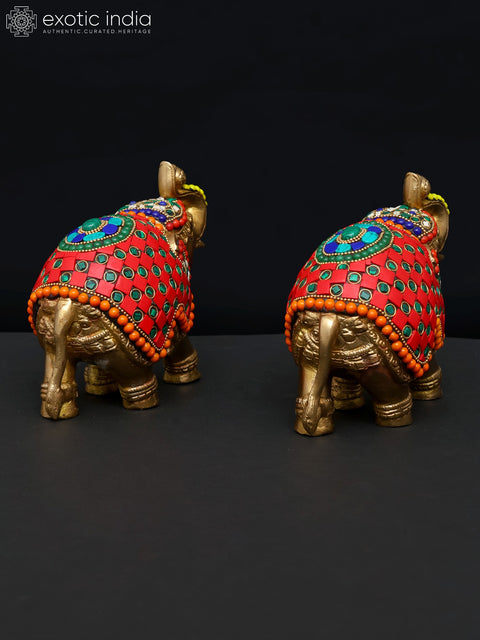 7" Pair of Elephants | Brass Statues with Inlay Work