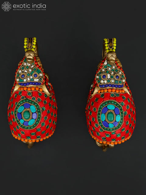 7" Pair of Elephants | Brass Statues with Inlay Work