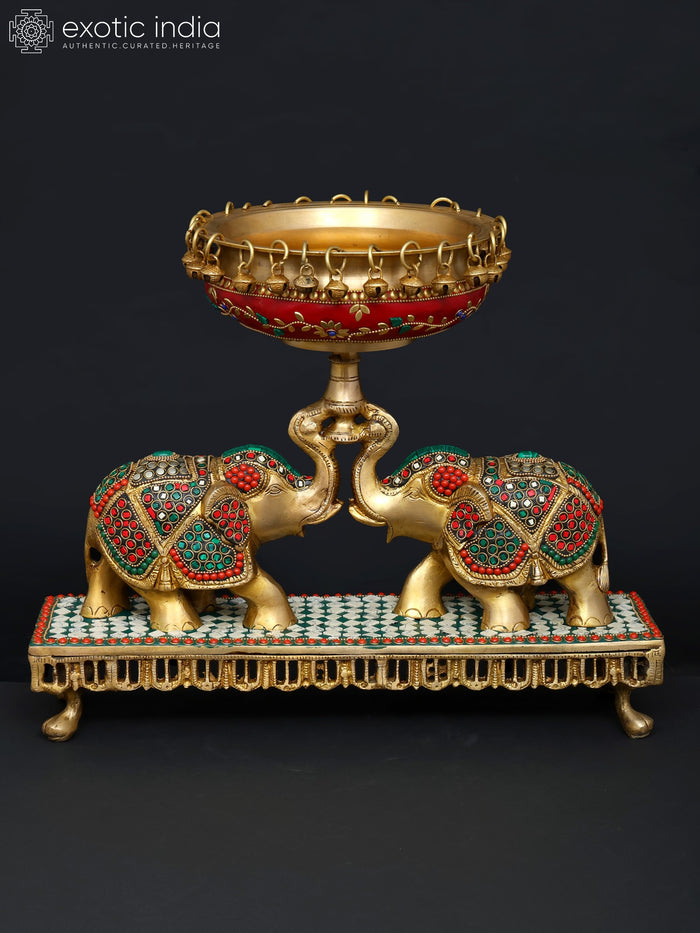 16" Brass Elephants Holding Urli with Inlay Work