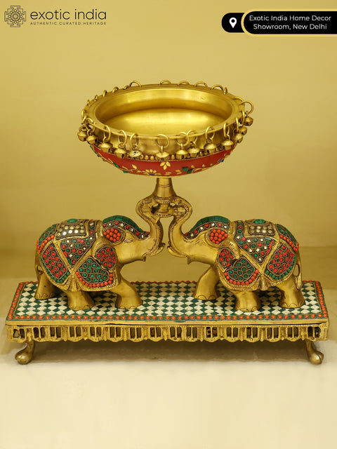 16" Pair of Elephants Holding Urli | Brass with Inlay Work