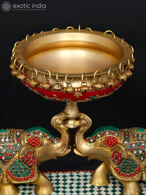 16" Pair of Elephants Holding Urli | Brass with Inlay Work
