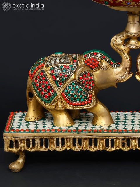 16" Pair of Elephants Holding Urli | Brass with Inlay Work