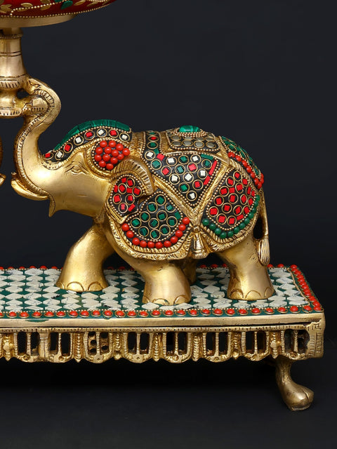 16" Pair of Elephants Holding Urli | Brass with Inlay Work