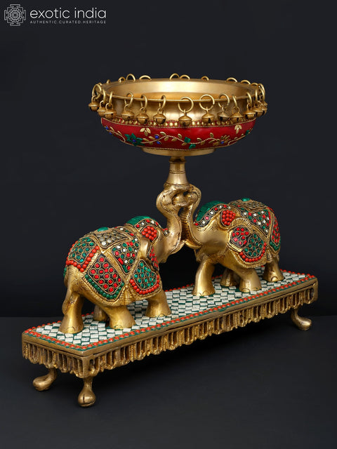 16" Pair of Elephants Holding Urli | Brass with Inlay Work