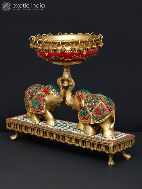 16" Pair of Elephants Holding Urli | Brass with Inlay Work