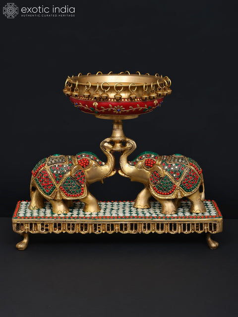 16" Pair of Elephants Holding Urli | Brass with Inlay Work