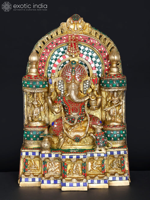 18" Handmade Ganesha Brass Temple Statue with Inlay Work