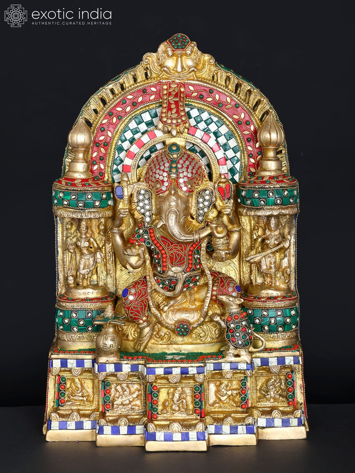 18" Handmade Ganesha Brass Temple Statue with Inlay Work