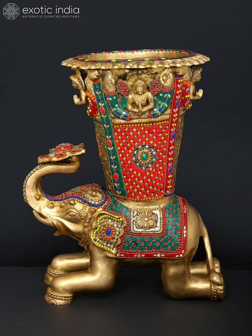 21" Brass Elephant Design Vase with Inlay Work