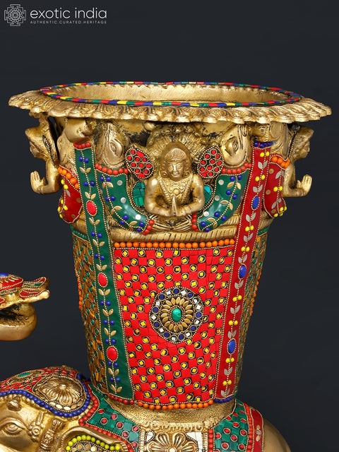 21" Elephant Design Vase | Brass with Inlay Work