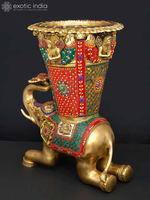 21" Elephant Design Vase | Brass with Inlay Work