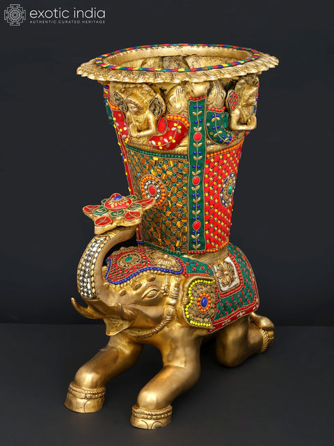 21" Elephant Design Vase | Brass with Inlay Work