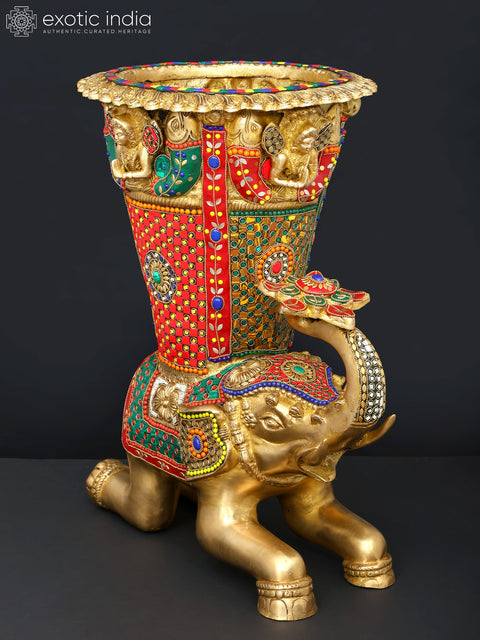 21" Elephant Design Vase | Brass with Inlay Work