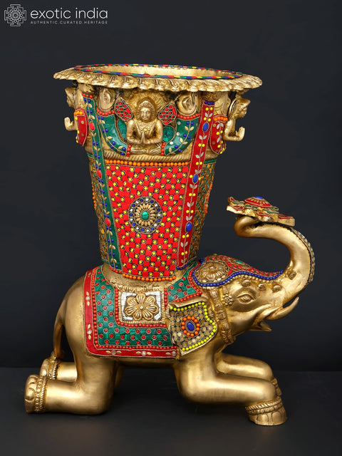 21" Elephant Design Vase | Brass with Inlay Work