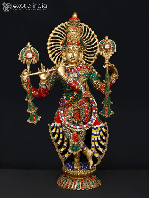 28" Venugopal Lord Krishna Brass Statue with Inlay Work