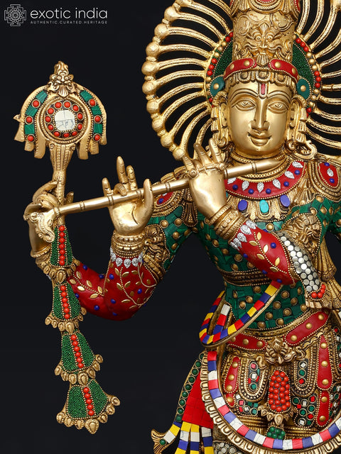 28" Venugopal Lord Krishna | Brass Statue with Inlay Work