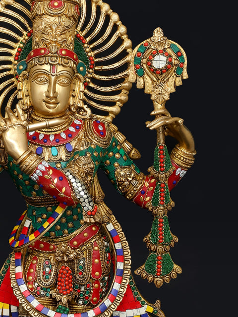 28" Venugopal Lord Krishna | Brass Statue with Inlay Work