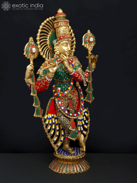 28" Venugopal Lord Krishna | Brass Statue with Inlay Work