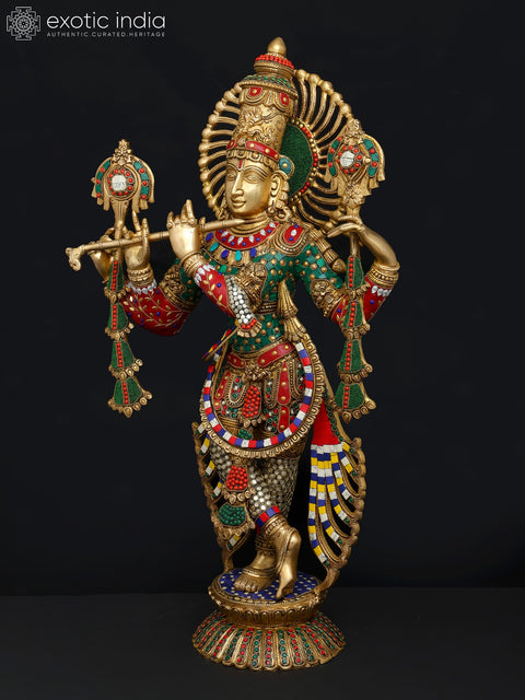 28" Venugopal Lord Krishna | Brass Statue with Inlay Work