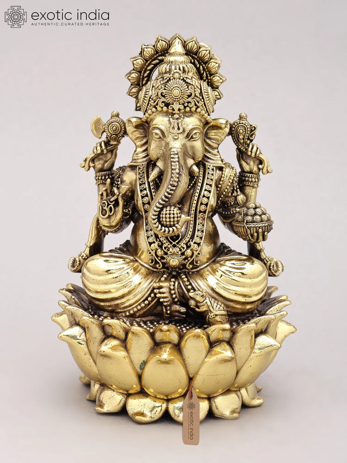 6" Chaturbhuja Ganesha Seated Lotus Silver Plated Brass Statue