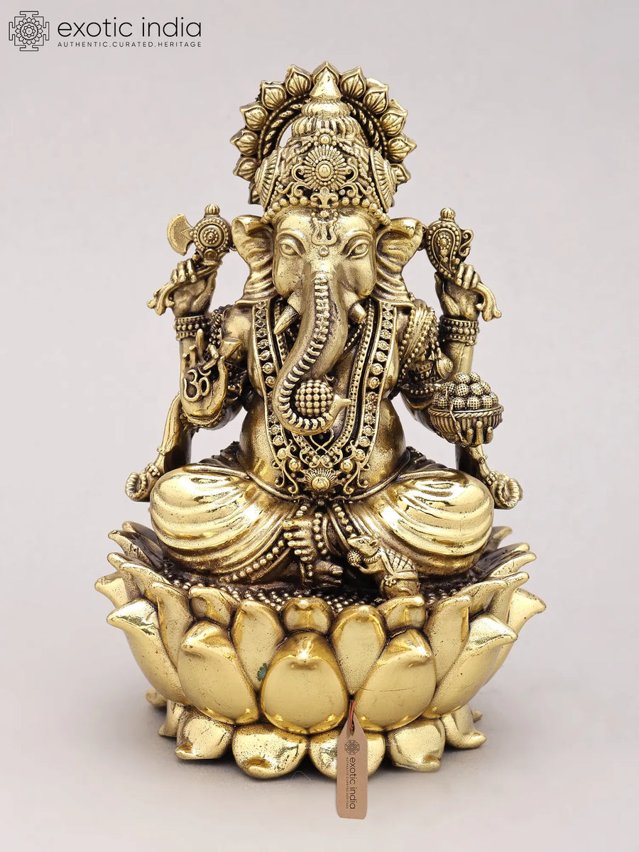 6" Chaturbhuja Ganesha Seated Lotus Silver Plated Brass Statue