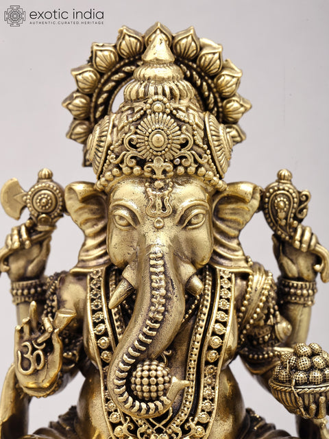 6" Chaturbhuja Lord Ganesha Seated on Lotus | Silver Plated Brass Statue