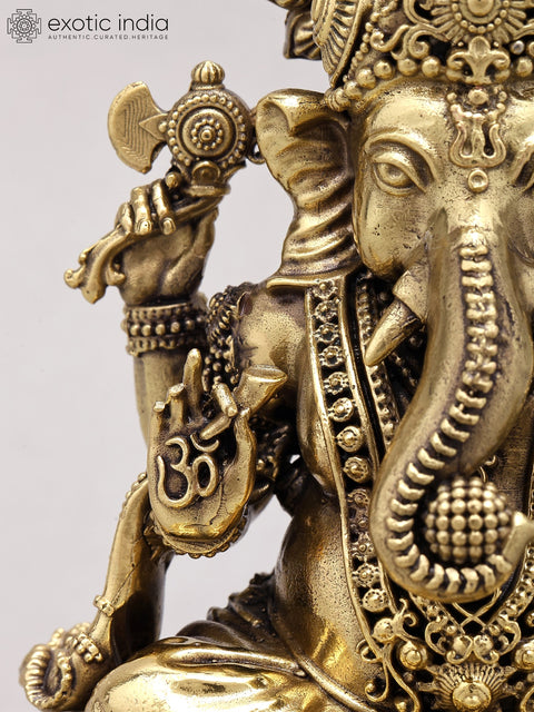 6" Chaturbhuja Lord Ganesha Seated on Lotus | Silver Plated Brass Statue
