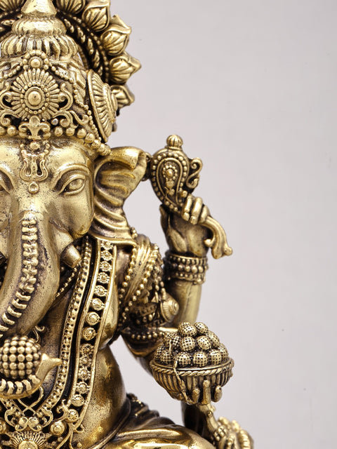 6" Chaturbhuja Lord Ganesha Seated on Lotus | Silver Plated Brass Statue