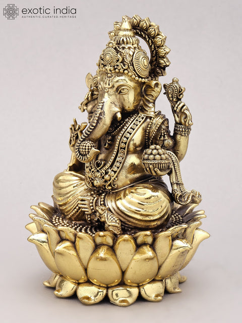 6" Chaturbhuja Lord Ganesha Seated on Lotus | Silver Plated Brass Statue