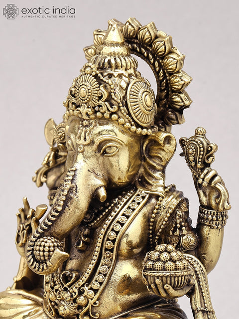 6" Chaturbhuja Lord Ganesha Seated on Lotus | Silver Plated Brass Statue