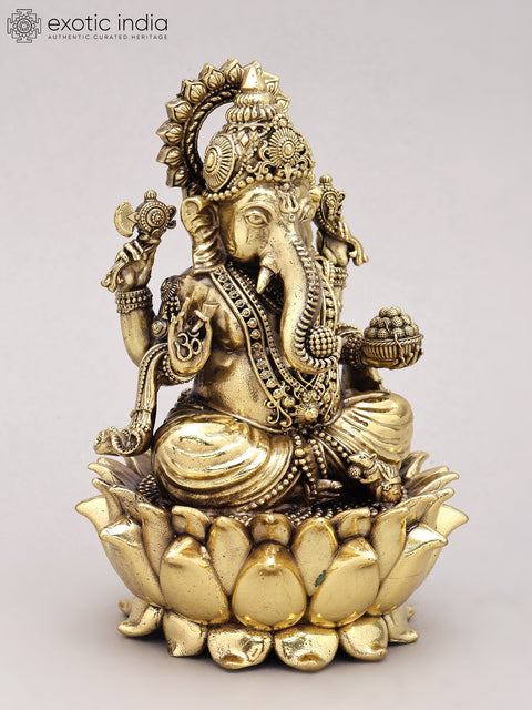 6" Chaturbhuja Lord Ganesha Seated on Lotus | Silver Plated Brass Statue